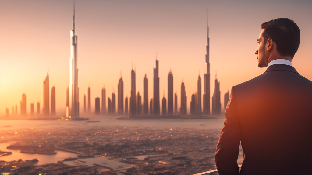 A cinematic editorial image showing a confident entrepreneur overlooking a futuristic Dubai skyline at sunset, with subtle visual elements representing mainland business districts, free zone innovation hubs, and offshore financial centers blending seamlessly in the background.