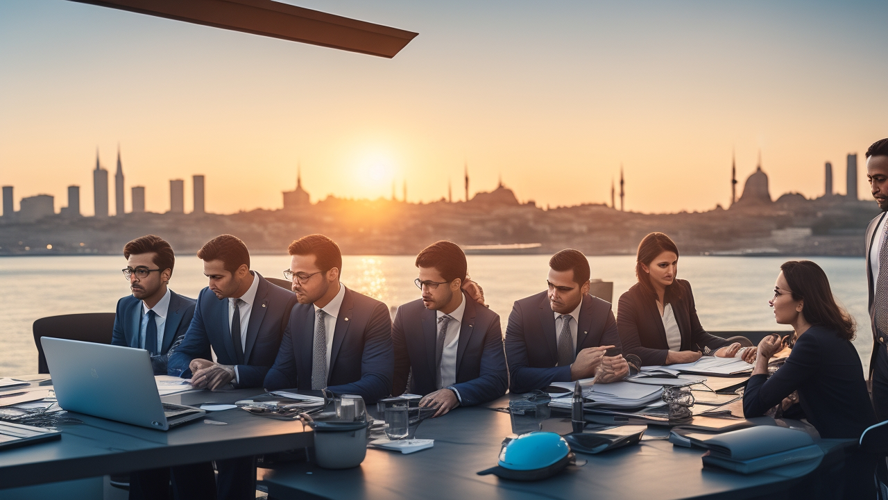 A cinematic editorial photo of a diverse group of focused international entrepreneurs and legal advisors collaborating over business documents and laptops in a modern Istanbul office with a panoramic city skyline featuring the Bosphorus Bridge at sunset, symbolizing careful planning and expert guidance in navigating company formation challenges in Turkey.