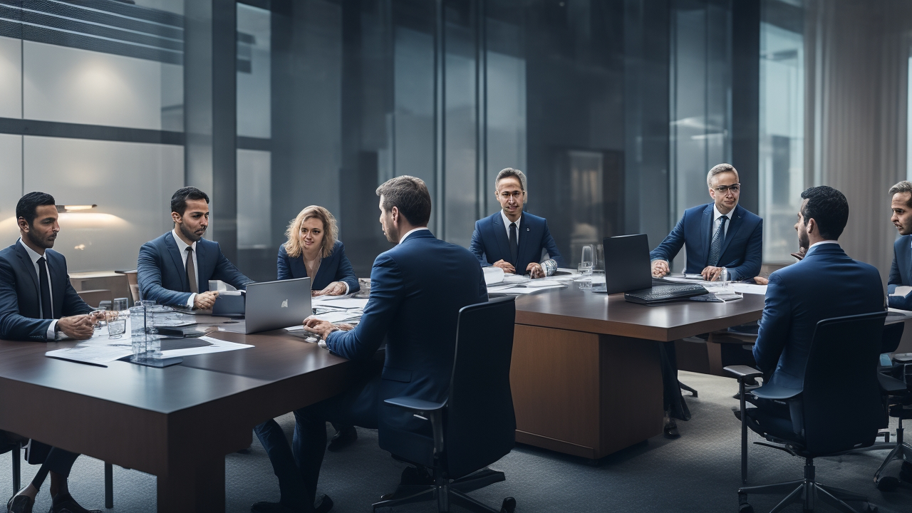 A cinematic, editorial-style image of a professional business meeting in a modern Istanbul office, with diverse entrepreneurs and advisors discussing company documents and financial charts around a sleek table, softly lit to convey strategic planning and the process of business liquidation in Turkey.