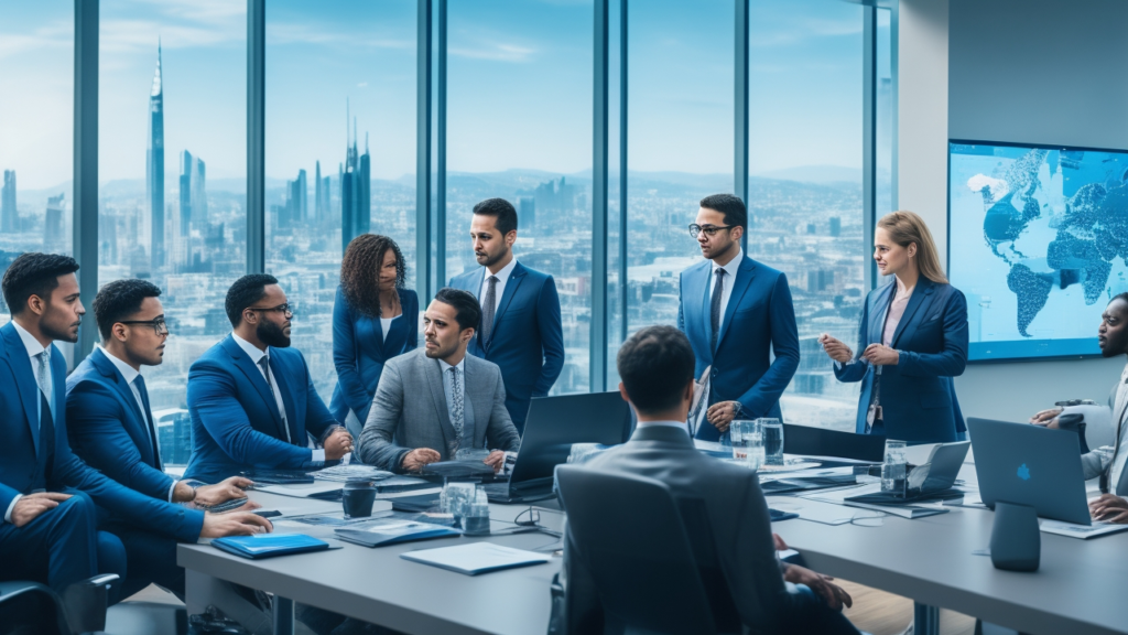 A dynamic, cinematic shot of a diverse group of international business professionals collaborating over a modern digital map highlighting Türkiye’s strategic location, set in a sleek office with panoramic cityscape views symbolizing innovation, growth, and cross-border business expansion.