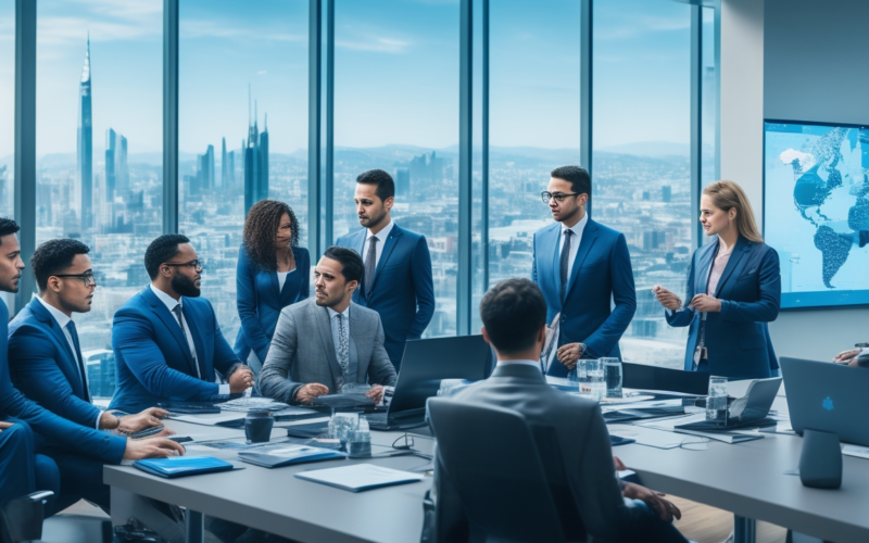 A dynamic, cinematic shot of a diverse group of international business professionals collaborating over a modern digital map highlighting Türkiye’s strategic location, set in a sleek office with panoramic cityscape views symbolizing innovation, growth, and cross-border business expansion.